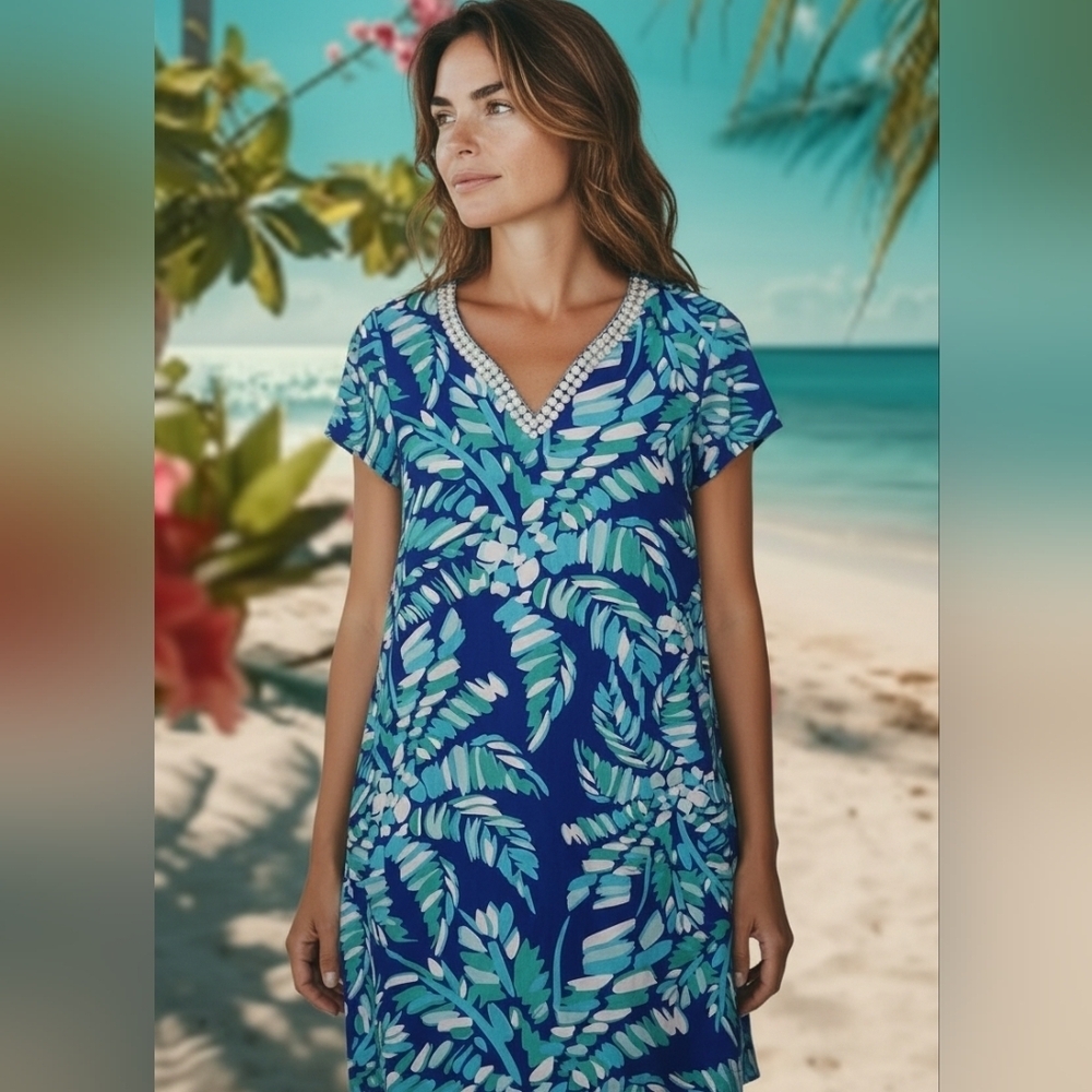 Escapada -Tropical Print Dress, Pearl Like Embellishments Around V Neck, Size S